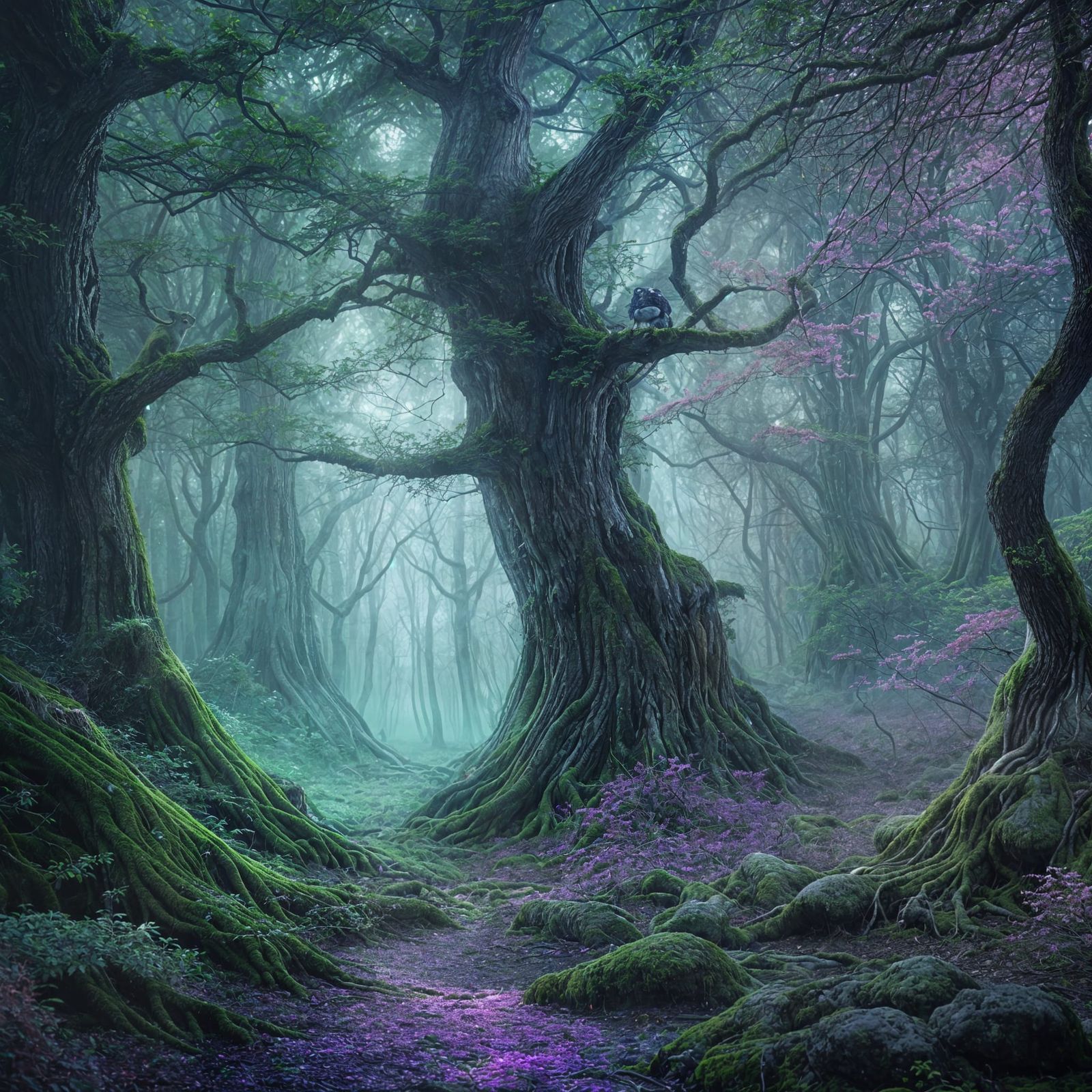 Mystical Forest with Crystalline Trees and Glowing Orbs