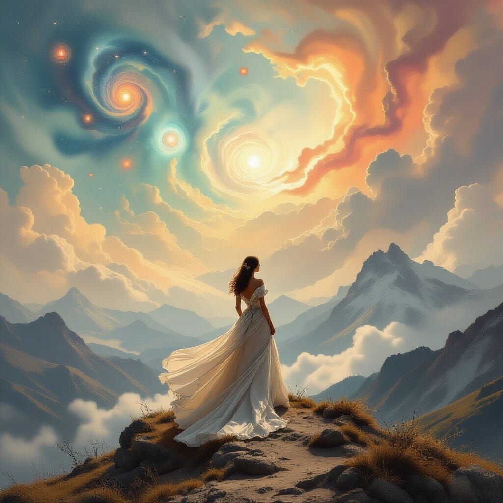Majestic Woman Gazing at Dreamlike Sky