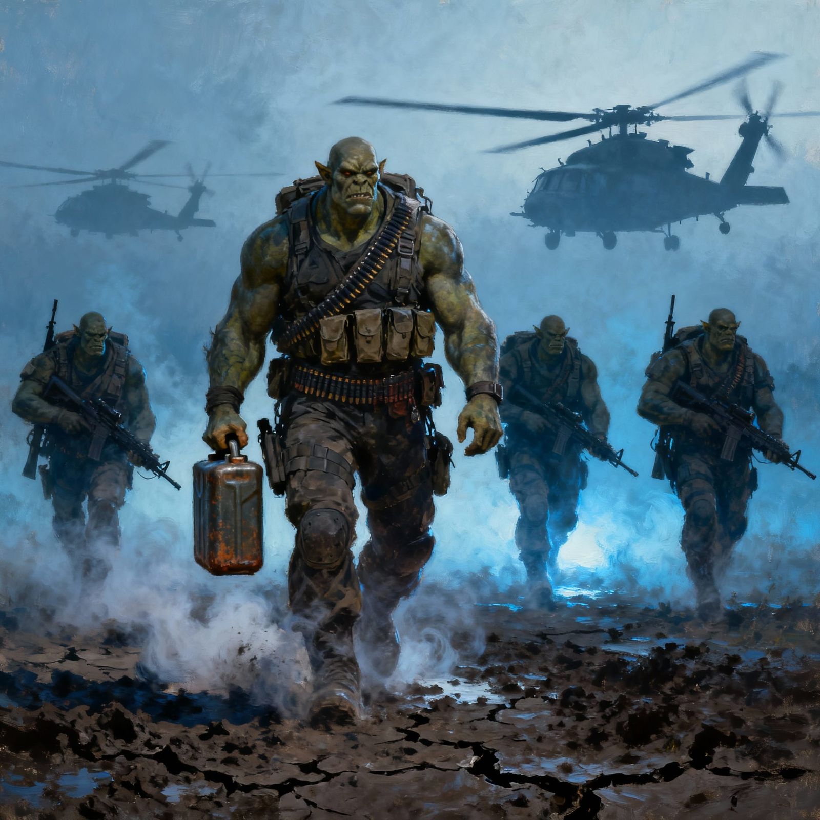 Heavily Armed Orc Soldiers March in Chiaroscuro Style