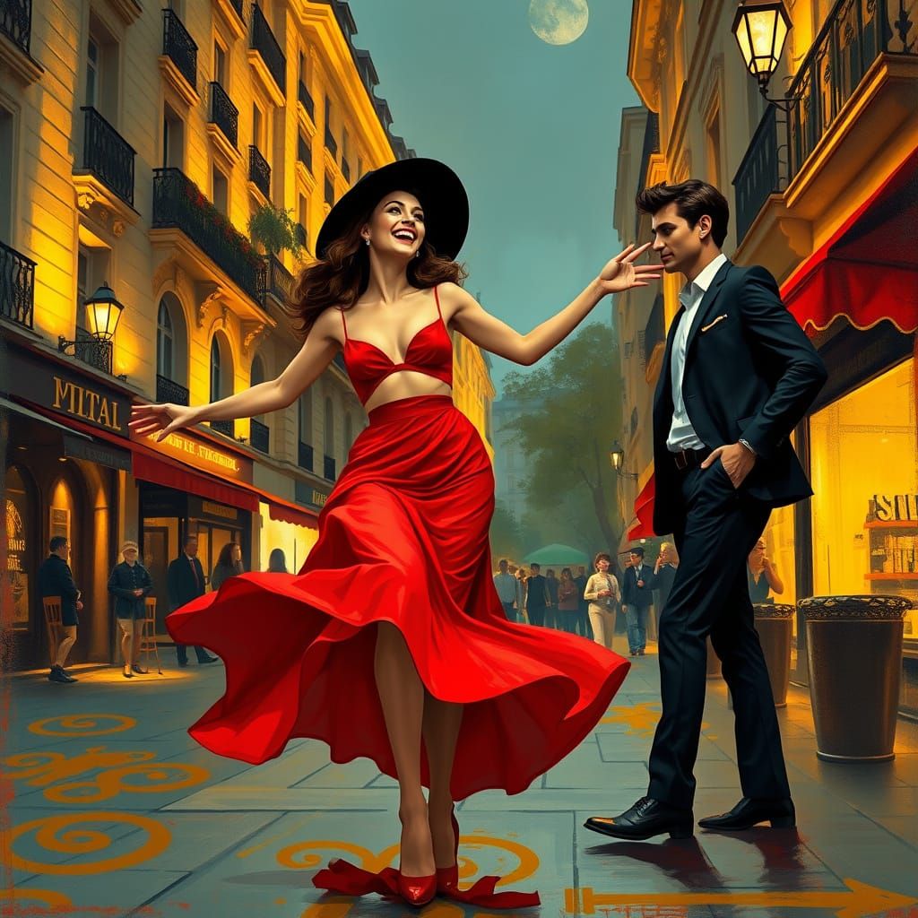 Joyful Parisian Night Dance in Vibrant French New Wave Style