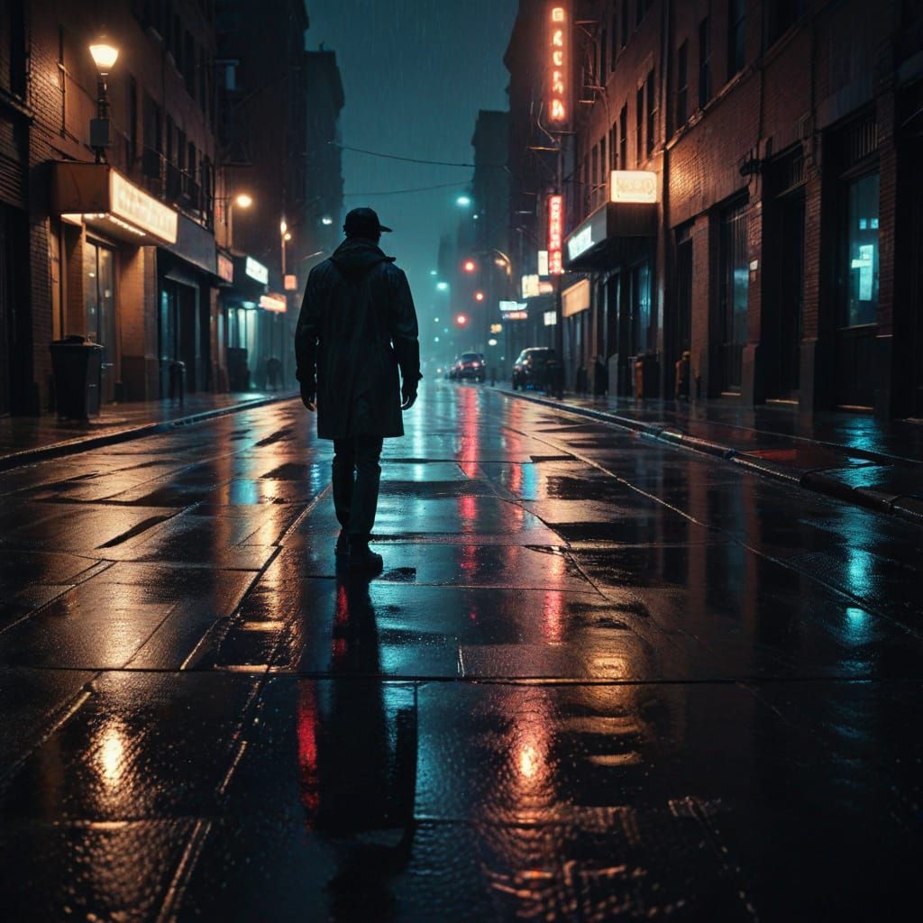 Neon Reflections on Rainy City Street in Film Noir