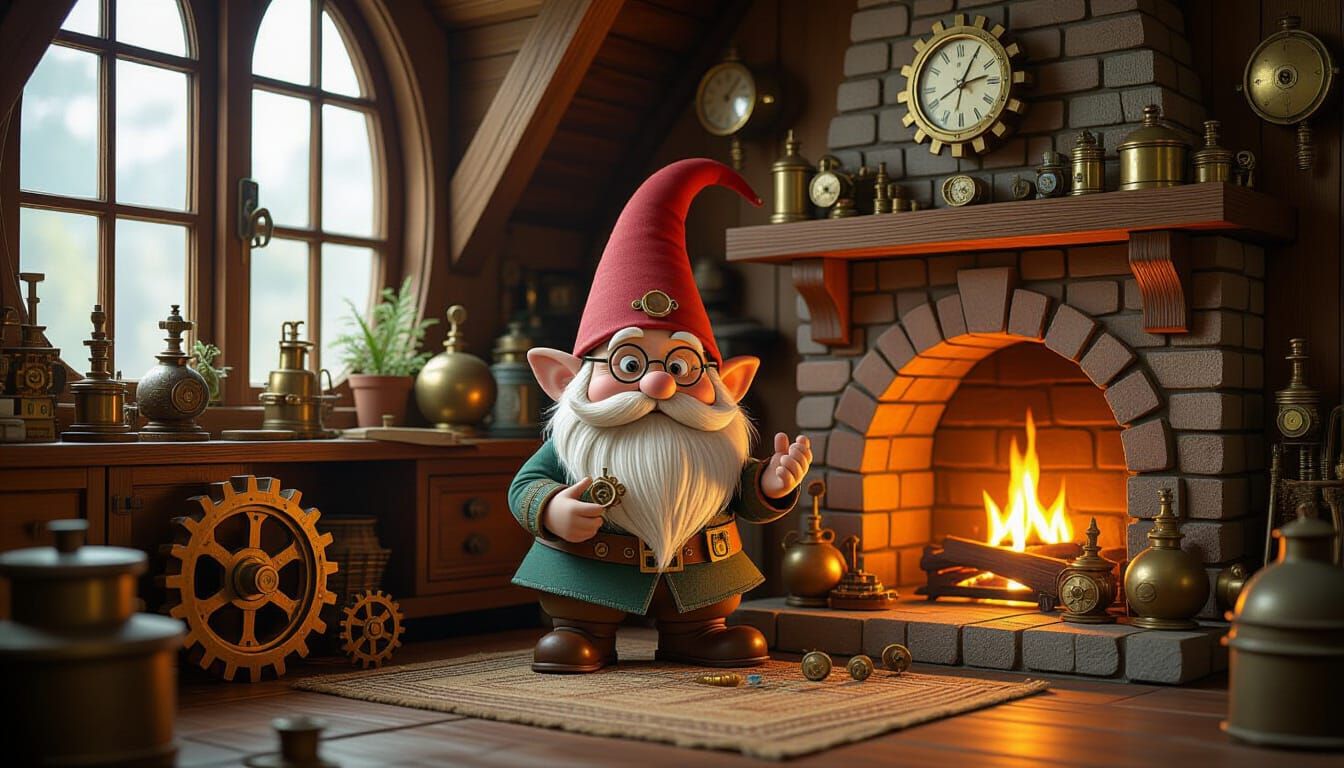 Gnome Tinkerer's Steampunk Workshop with Warm Fireplace Glow
