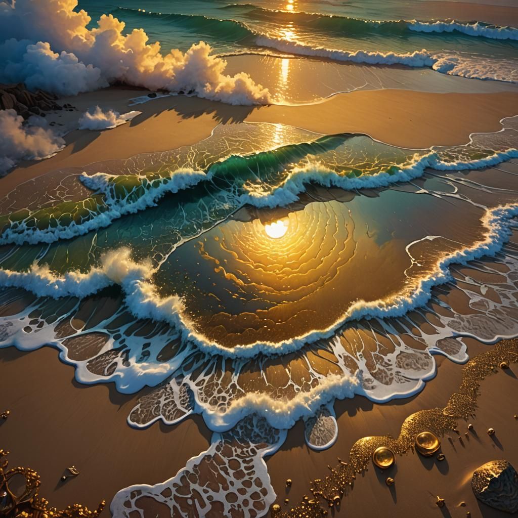 Bioluminescent Beach at Sunrise in Dark Fantasy Style