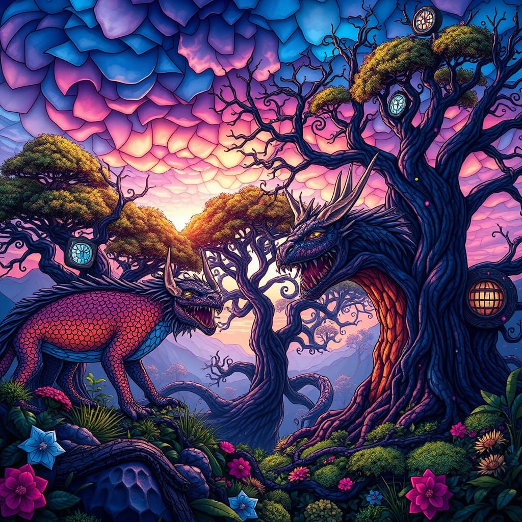 Vibrant Stained Glass Scene of Mystical Creatures and Ancien...