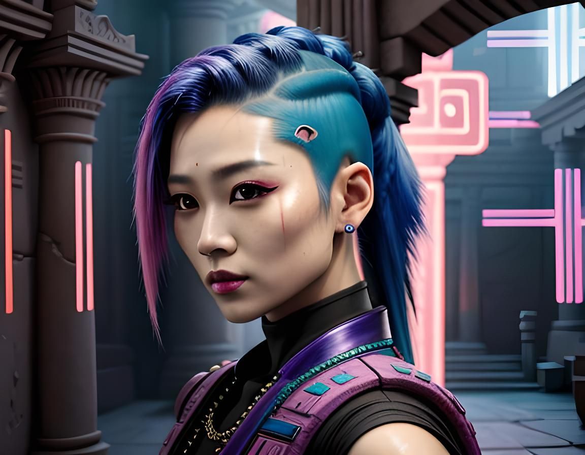 Cyberpunk Asian Woman with Braided Mohawk