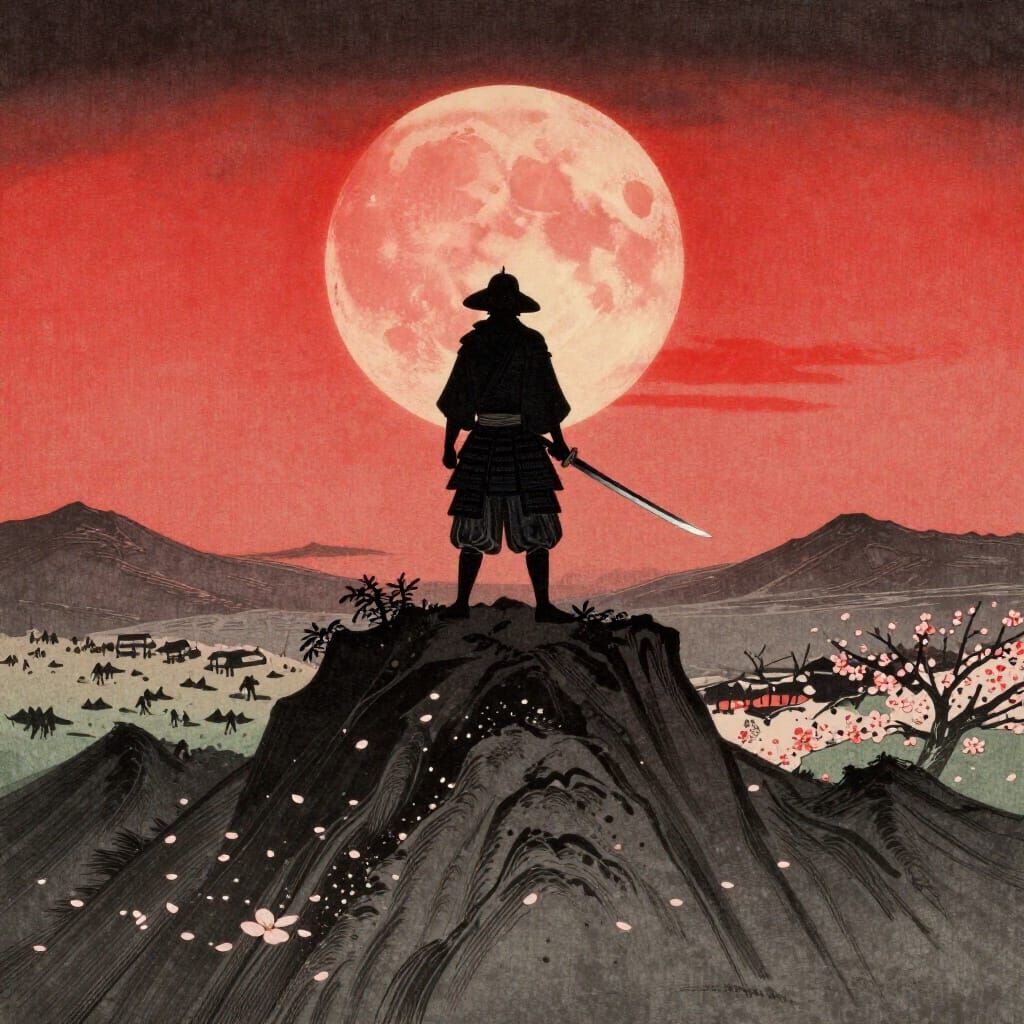 Samurai Warrior Under Blood Moon Ukiyo-e Style