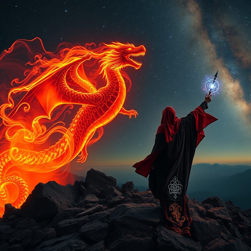 Majestic Dragon Emerges from Cosmic Particles in Dark Space
