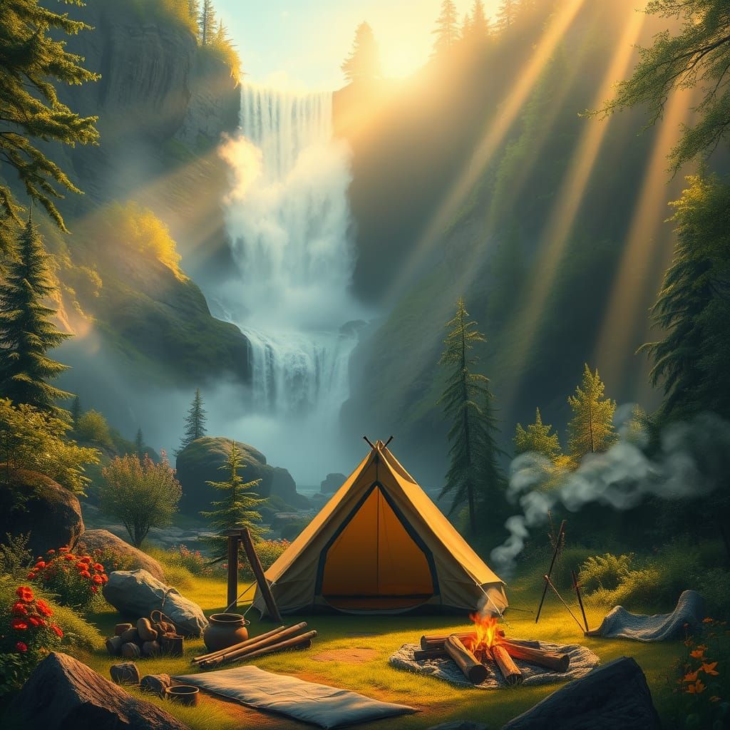 Serene Waterfall Campsite in Whimsical Style