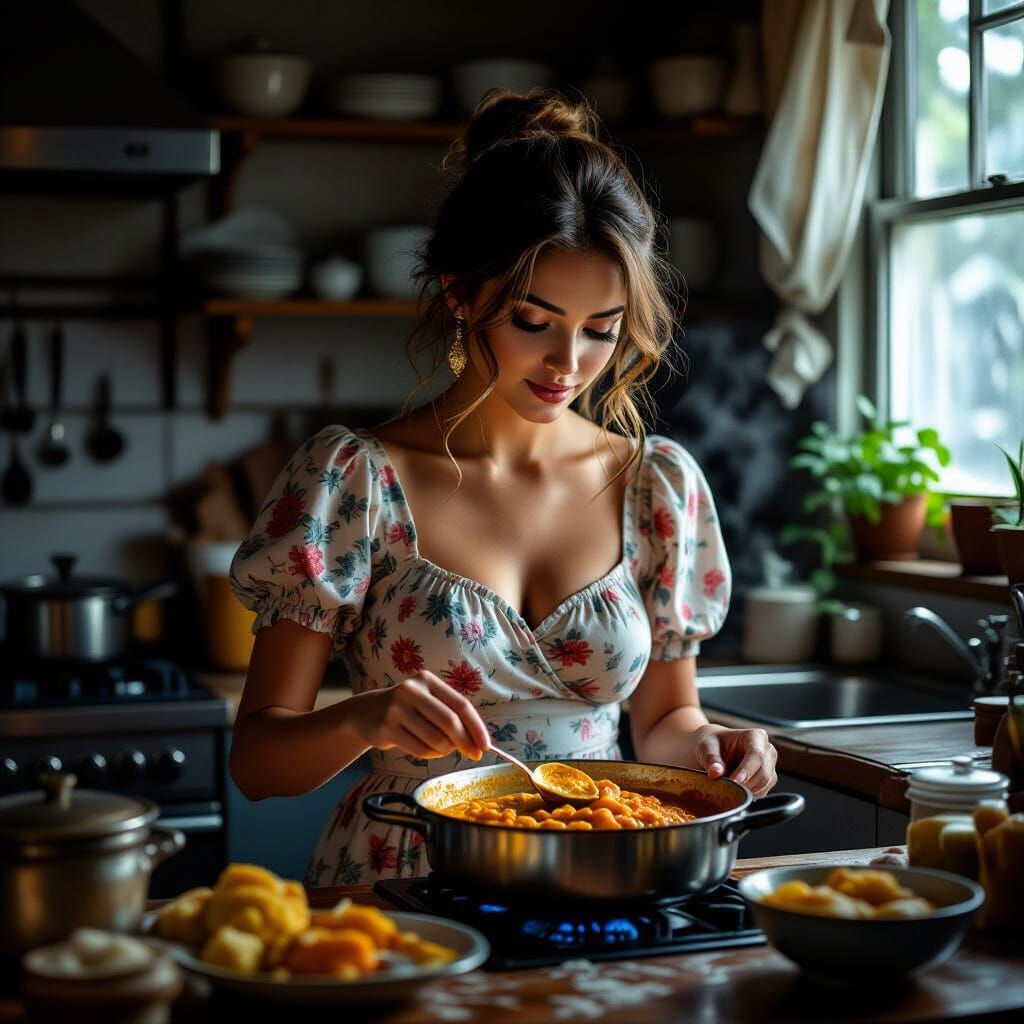 Woman Cooking Curry Dinner in Dimly Lit Kitchen