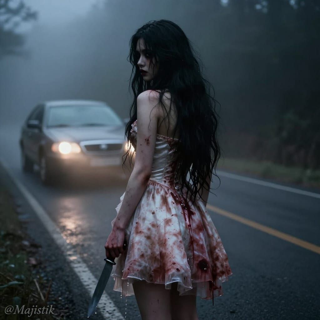 Terrifying Woman on Misty Road in Cinematic Horror Style