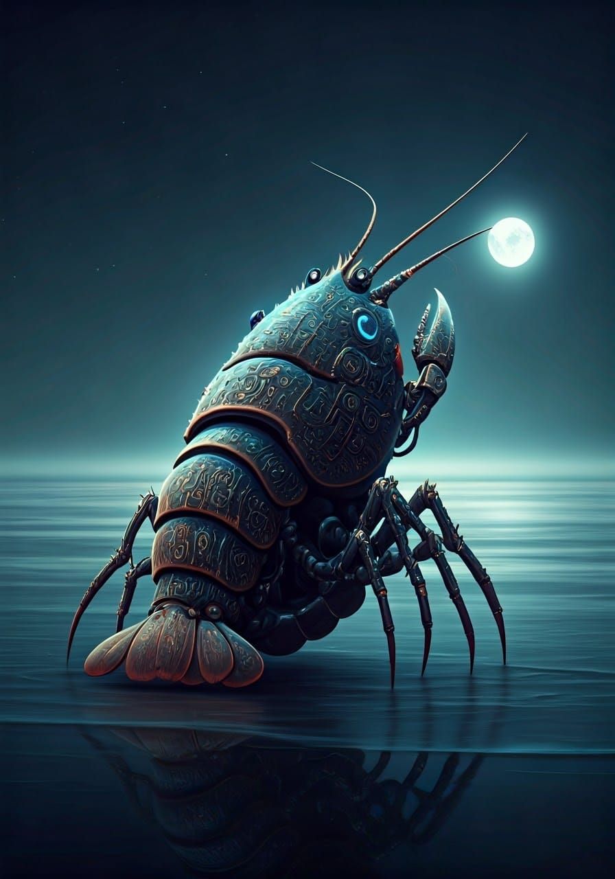 Mechanized Lobster Hybrid on Moonlit Beach