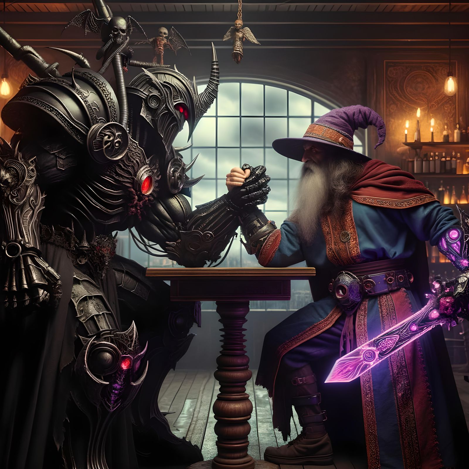 Epic Fantasy Figures Arm Wrestling in Sci-Fi Tavern
