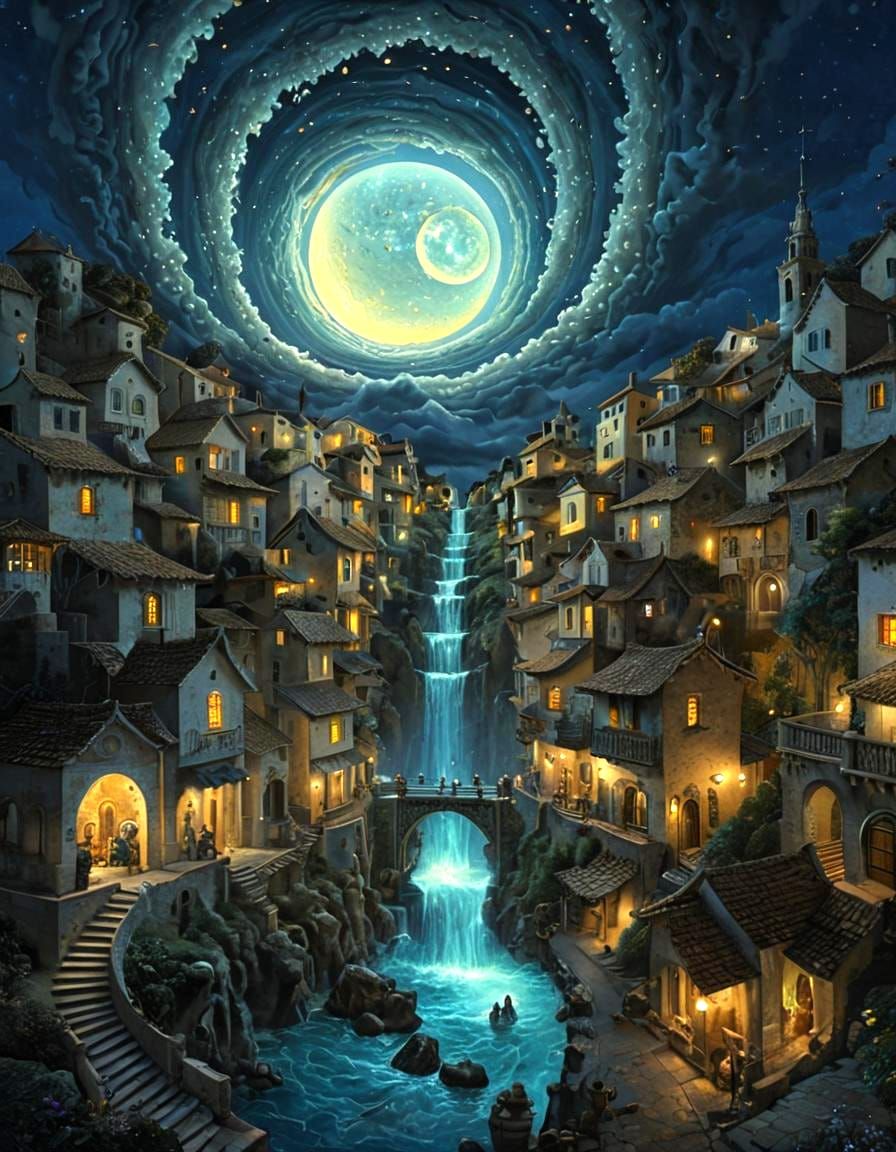 Moon Village Vortex with Opal Waterfall, Digital Art