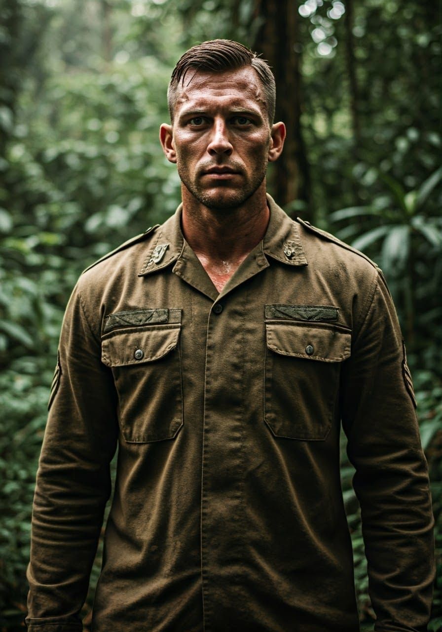 Tall, Chiseled Officer Stands Strong in the Jungle