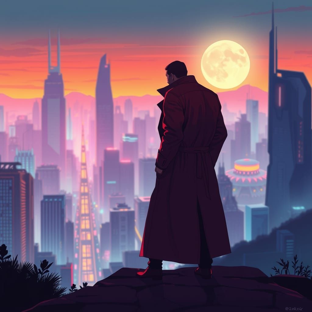 Neon Cityscape Silhouette in Psychedelic Illustration