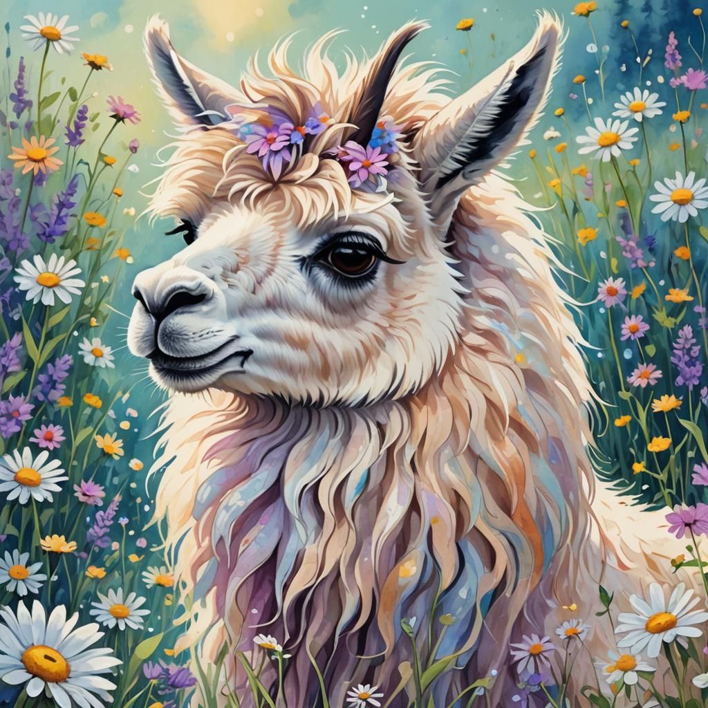Llama's Daisy Encounter: A Whimsical Fantasy Illustration