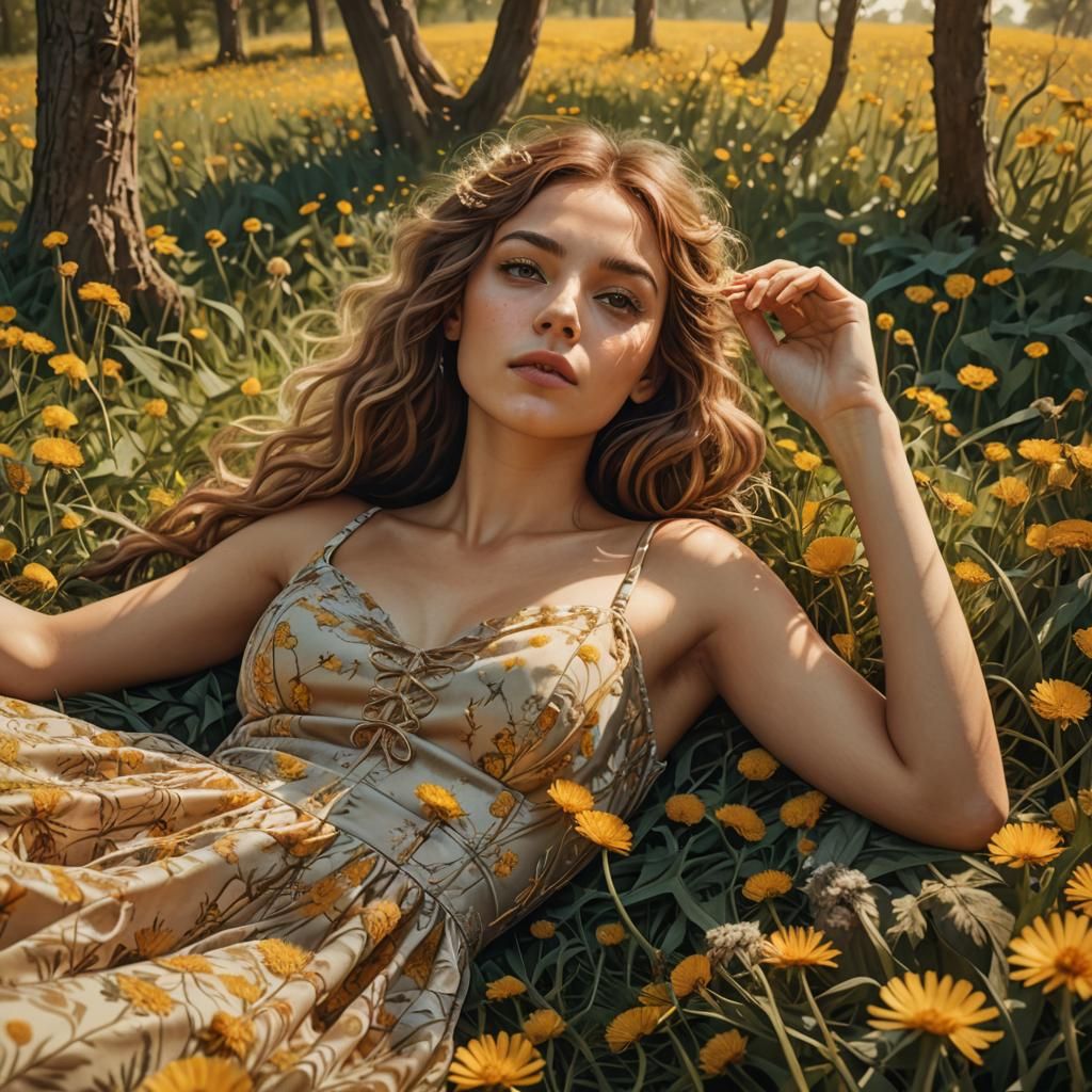 Woman in Dandelion Field: Pre-Raphaelite Digital Art