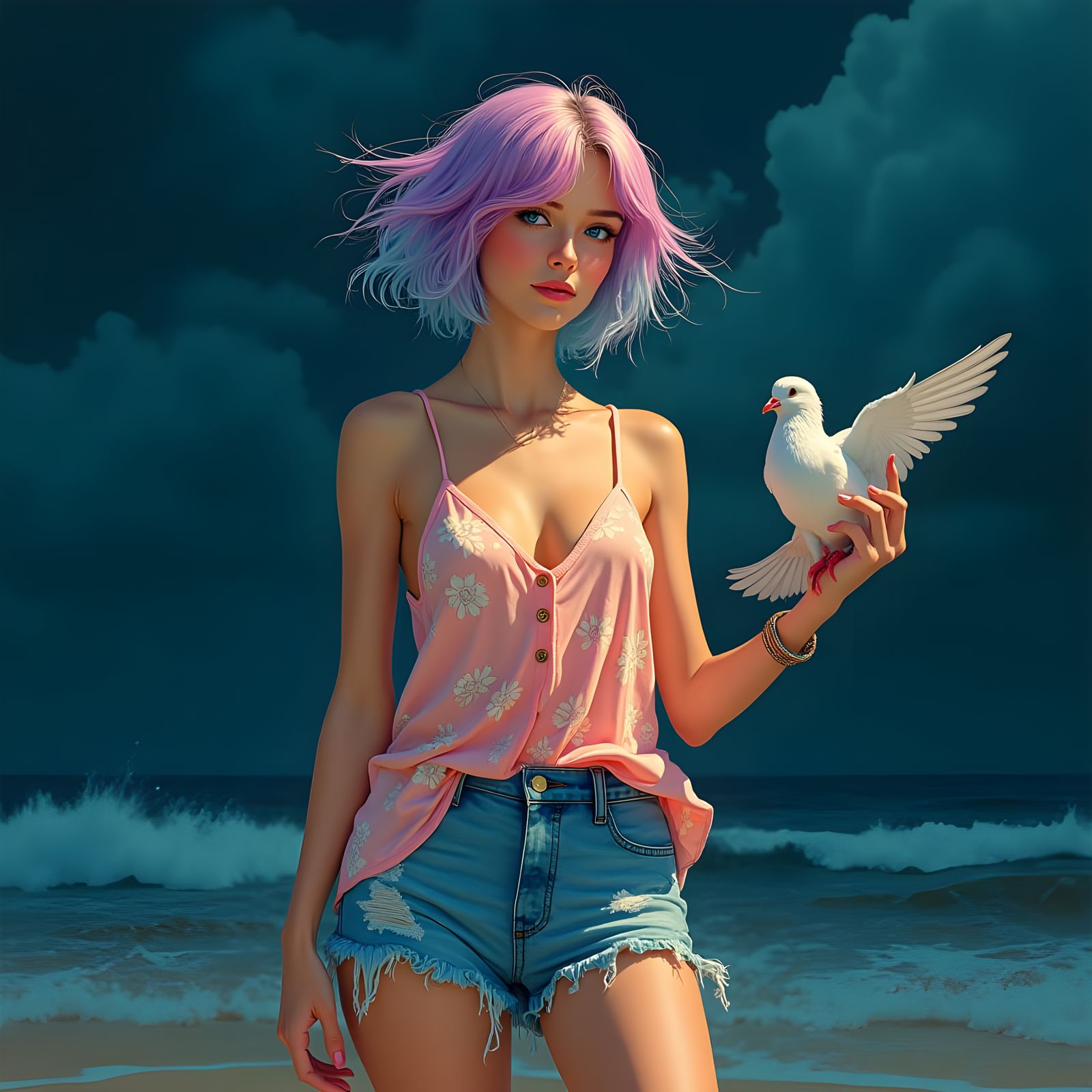 Hyperrealistic Girl with Pigeon Portrait