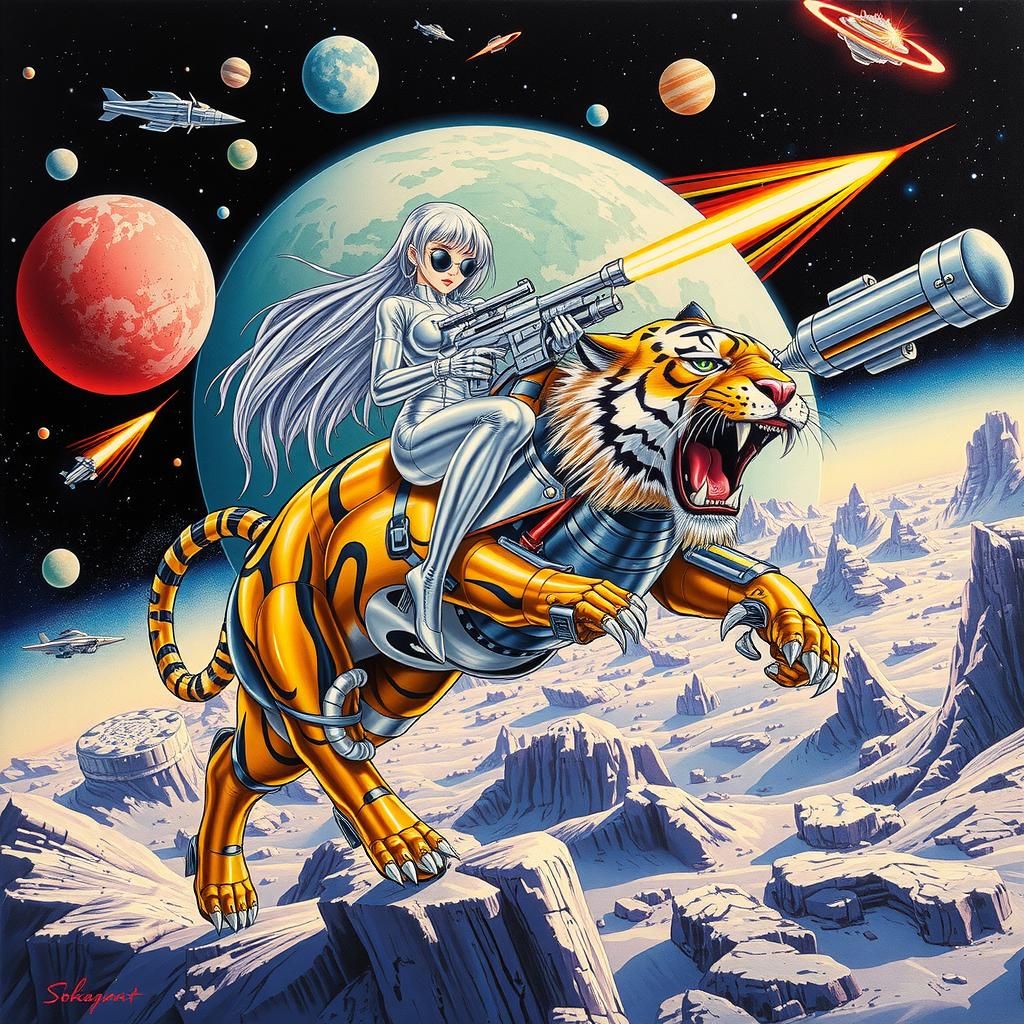 Cyberpunk Woman on Robotic Tiger in Space