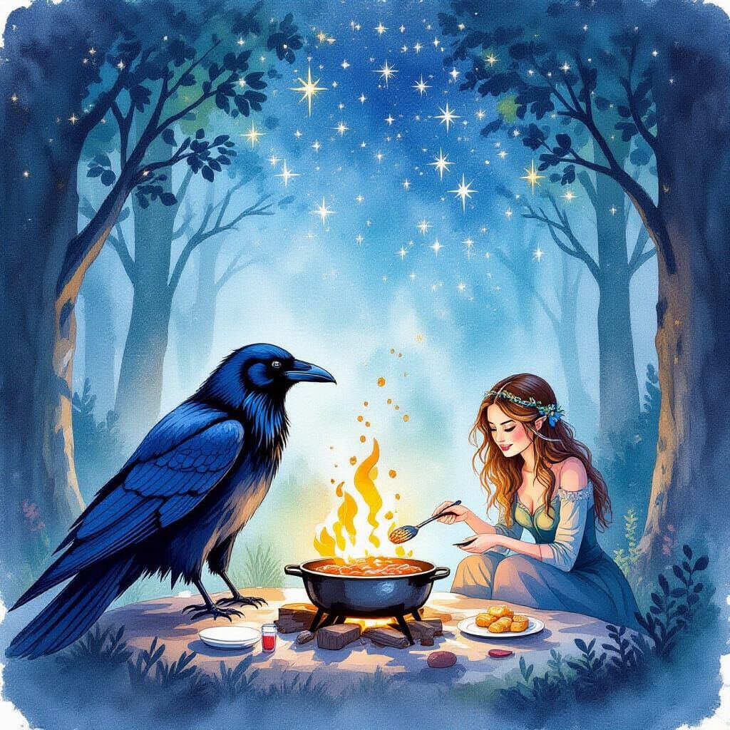 Raven Watches Enchanted Forest Party in Watercolor Style