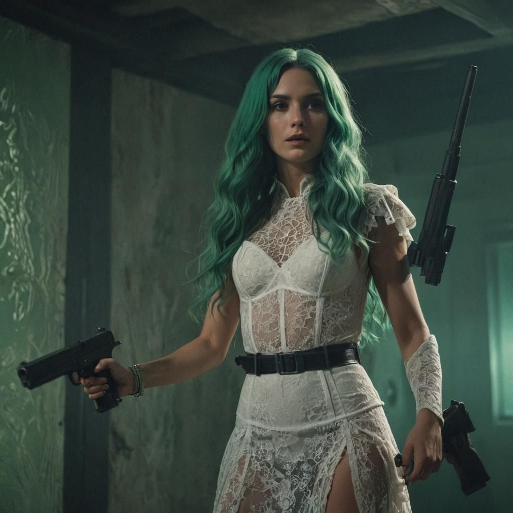 Green-Haired Agent Film Still in Cinematic Lighting