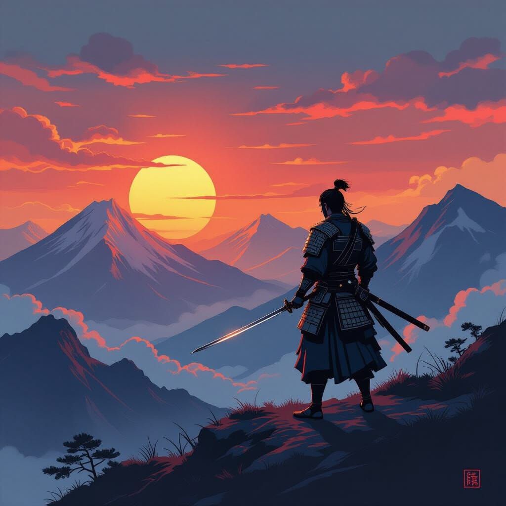Samurai Warrior on Mountain Peak at Sunset in Ukiyo-e Style