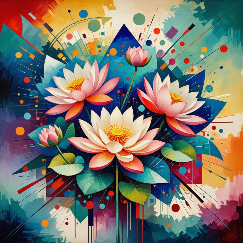 Vibrant Euphoric Lotus Blooms in Geometric Harmony