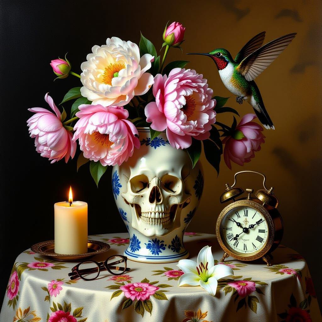 Dutch Golden Age Still Life with Skull and Hummingbird