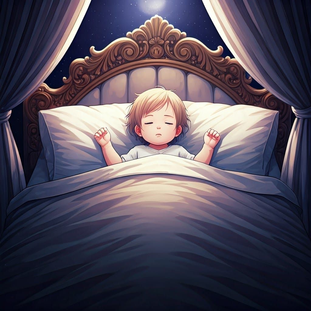 Peaceful Infant in Grand, Ornate Bed with Plush Pillows and...