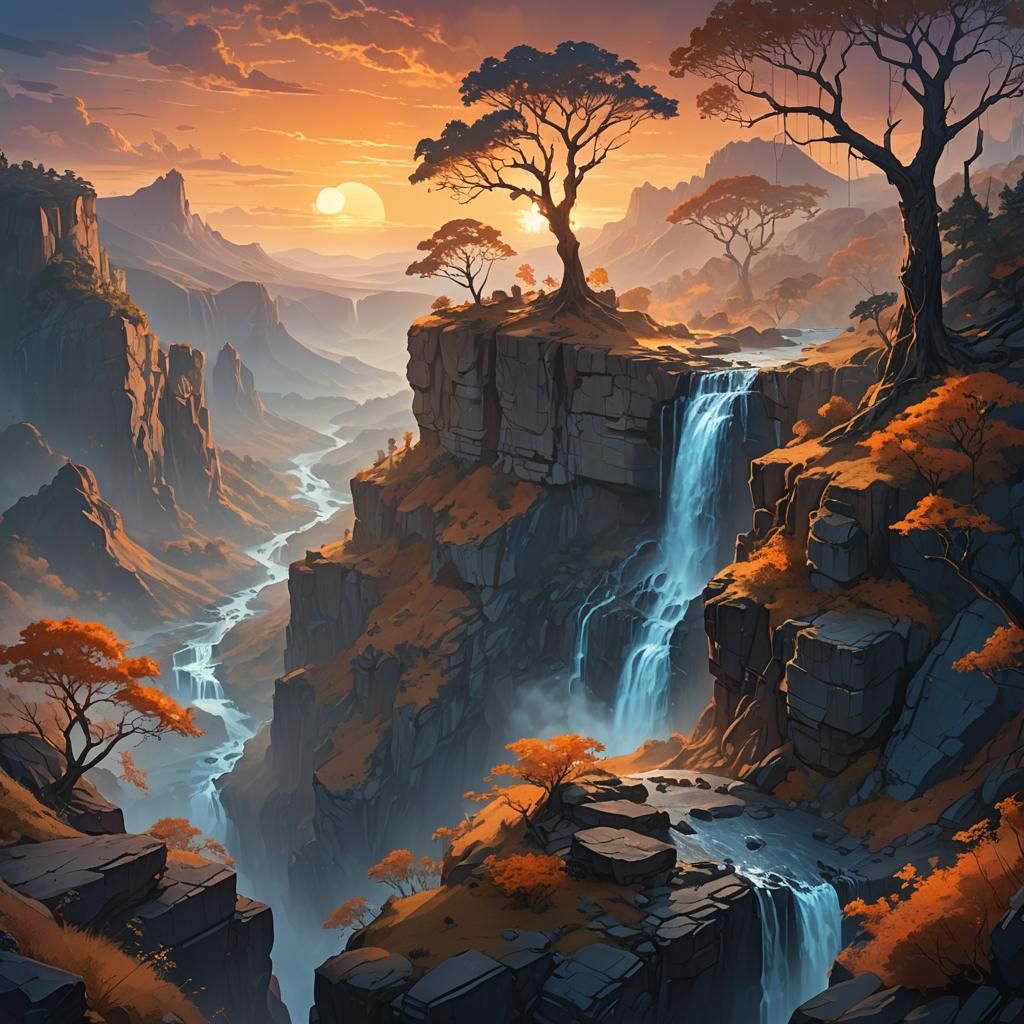 Fantasy Landscape Waterfall at Sunset: Digital Matte Paintin...