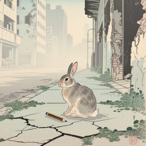 Lone Rabbit Contemplates Urban Decay in Ukiyo-e Style