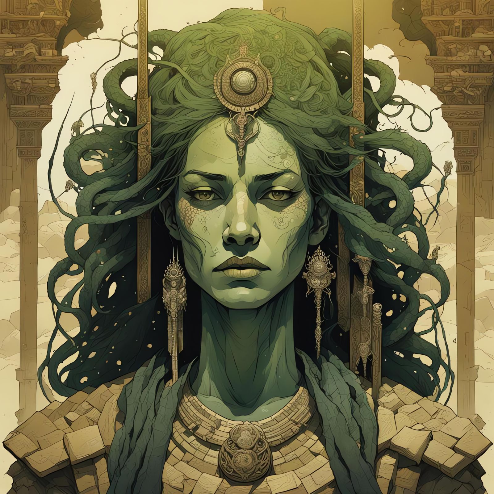 Lost Snake-Haired Queen in Desert Temple