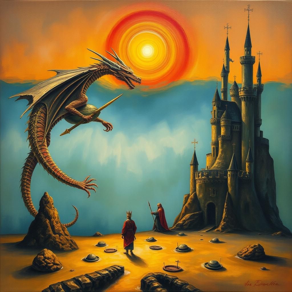 Surreal Dragon, Saint, and King in Castle