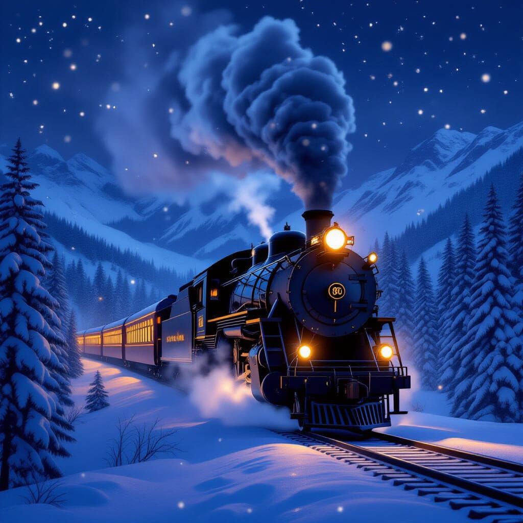 Majestic Steam Train in Snowy Winter Night Landscape