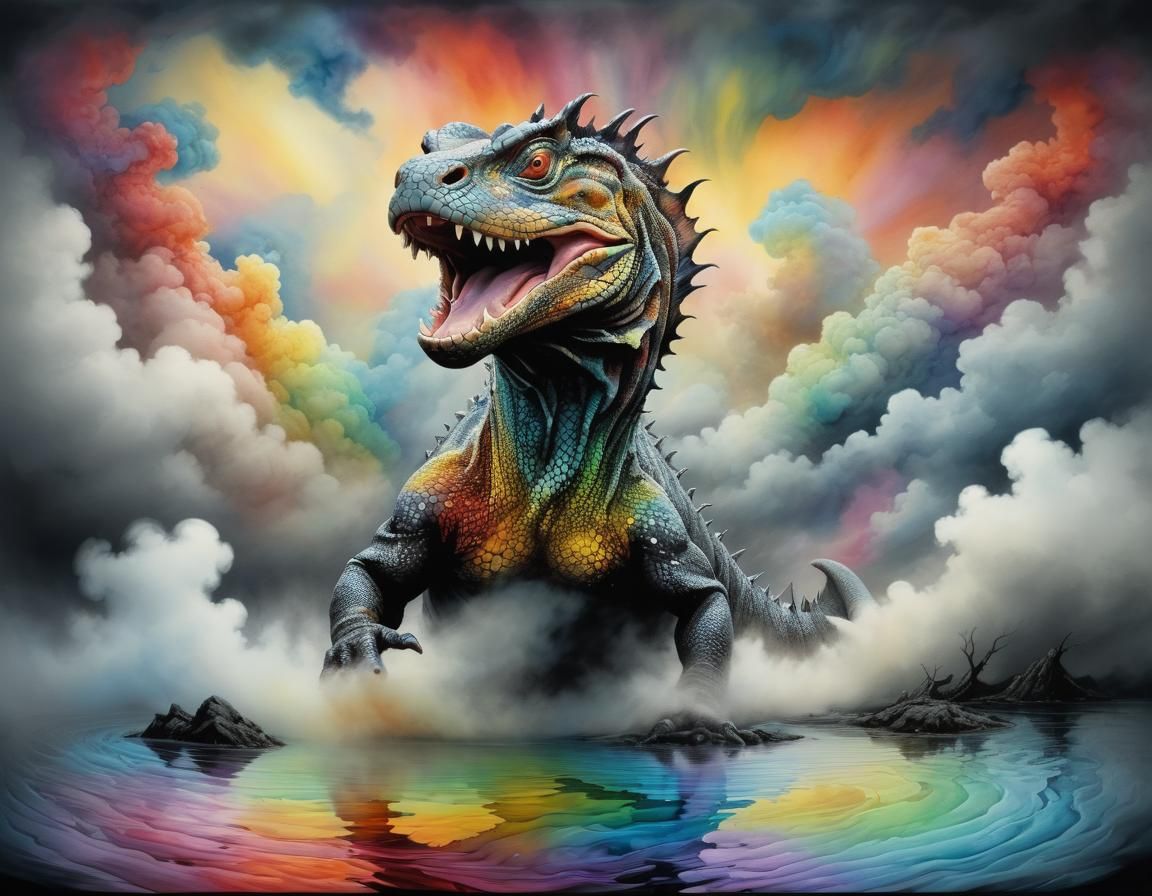 Komodo Dragon Emerges from Colorful Lake