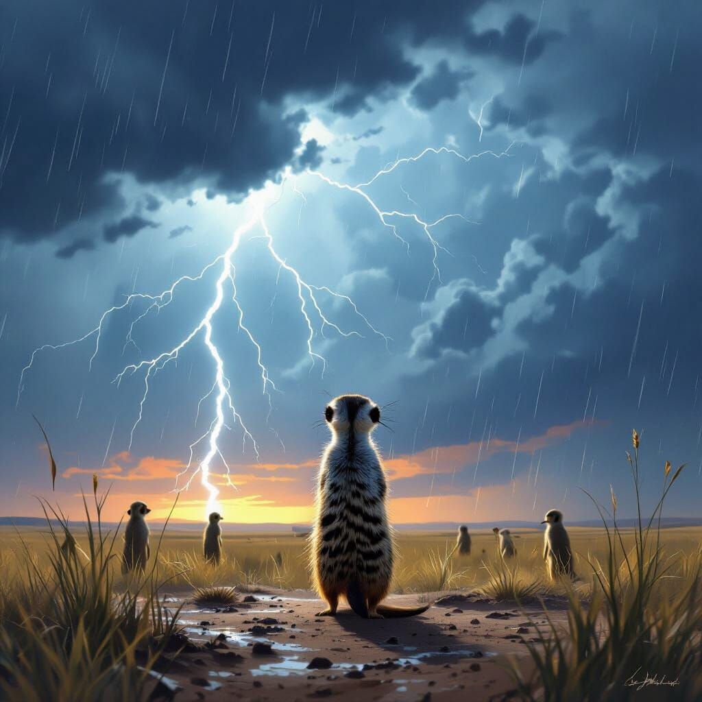 Defiant Meerkat in Savanna Storm, Concept Art Style