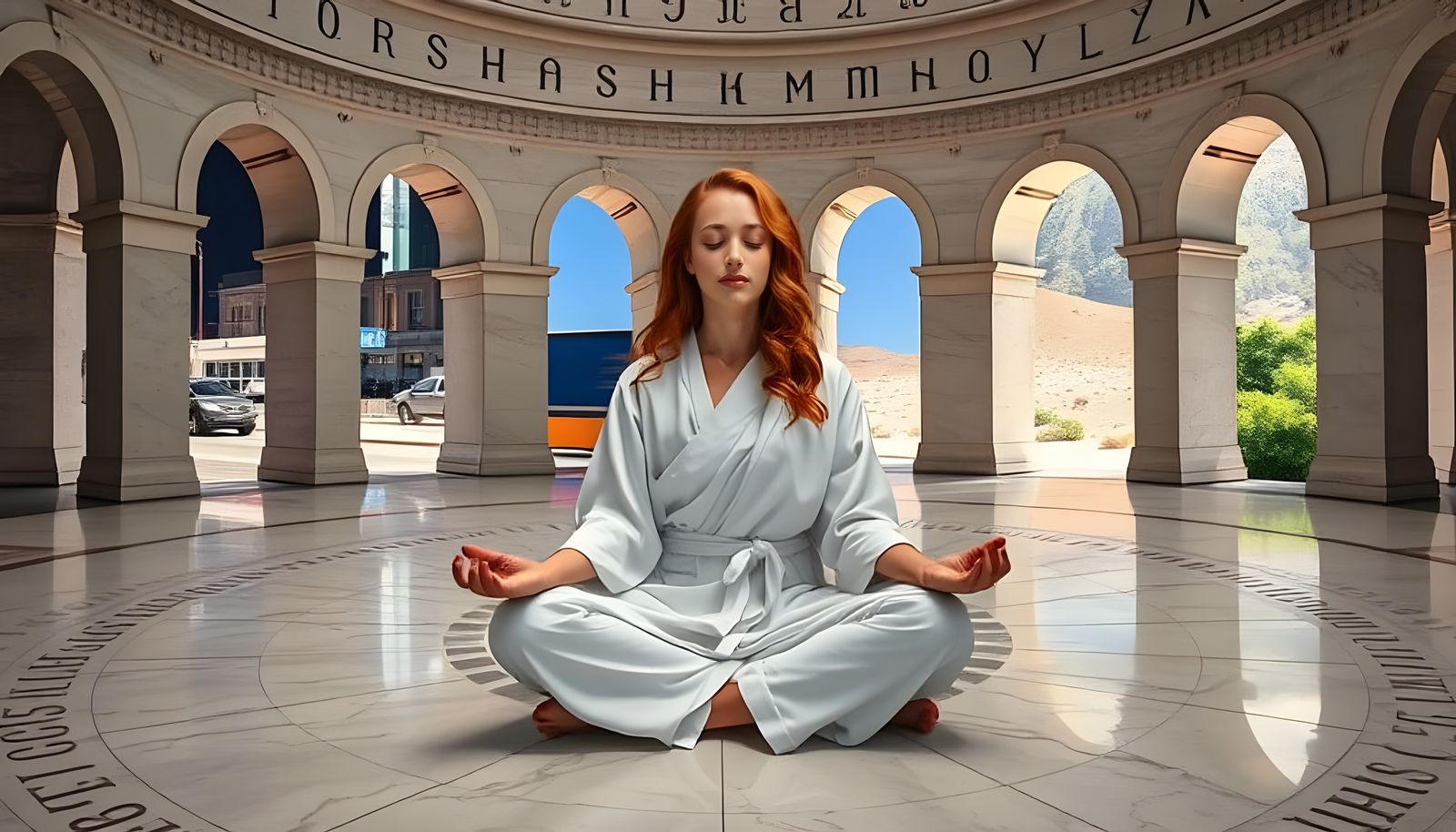 Meditating Woman Overseeing Worlds Through Arches