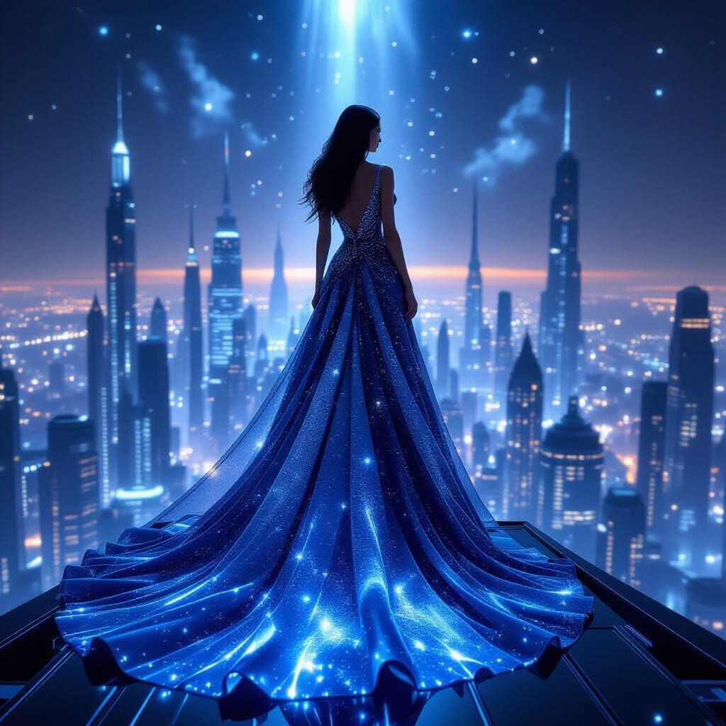 Woman in Cosmic Starlight Couture Overlooking Future City