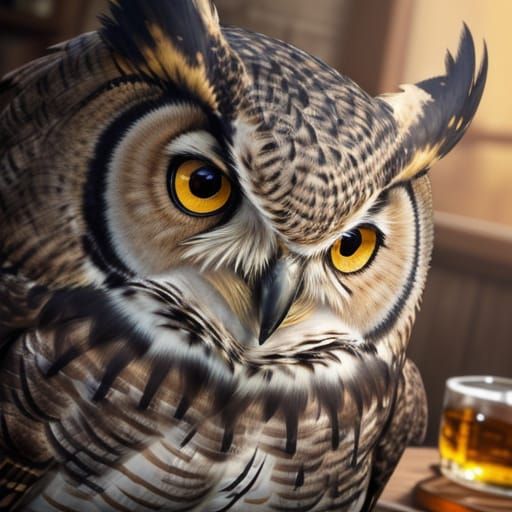 Wildlife Illustration: Owl with Whiskey Bottles
