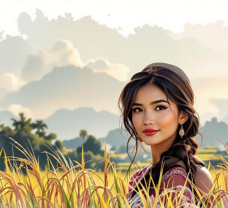 Filipina Woman Poses Gracefully in Lush Rice Field