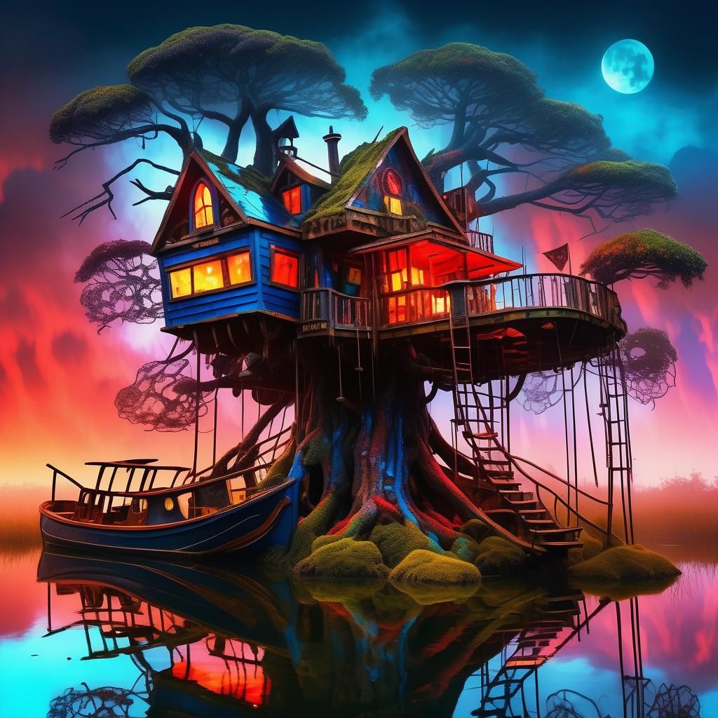 Haunted Steampunk Treehouse Made of Old Boats