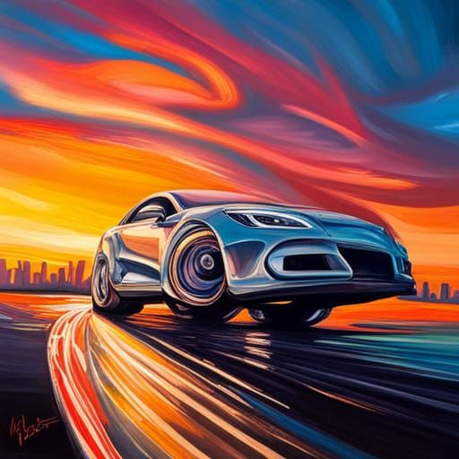 Flying Car in Graffiti Art Style at Sunset