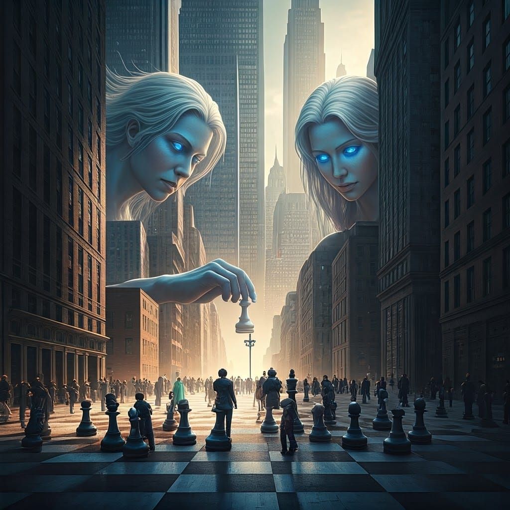 Mystical Gods Play Chess in Urban Metropolis