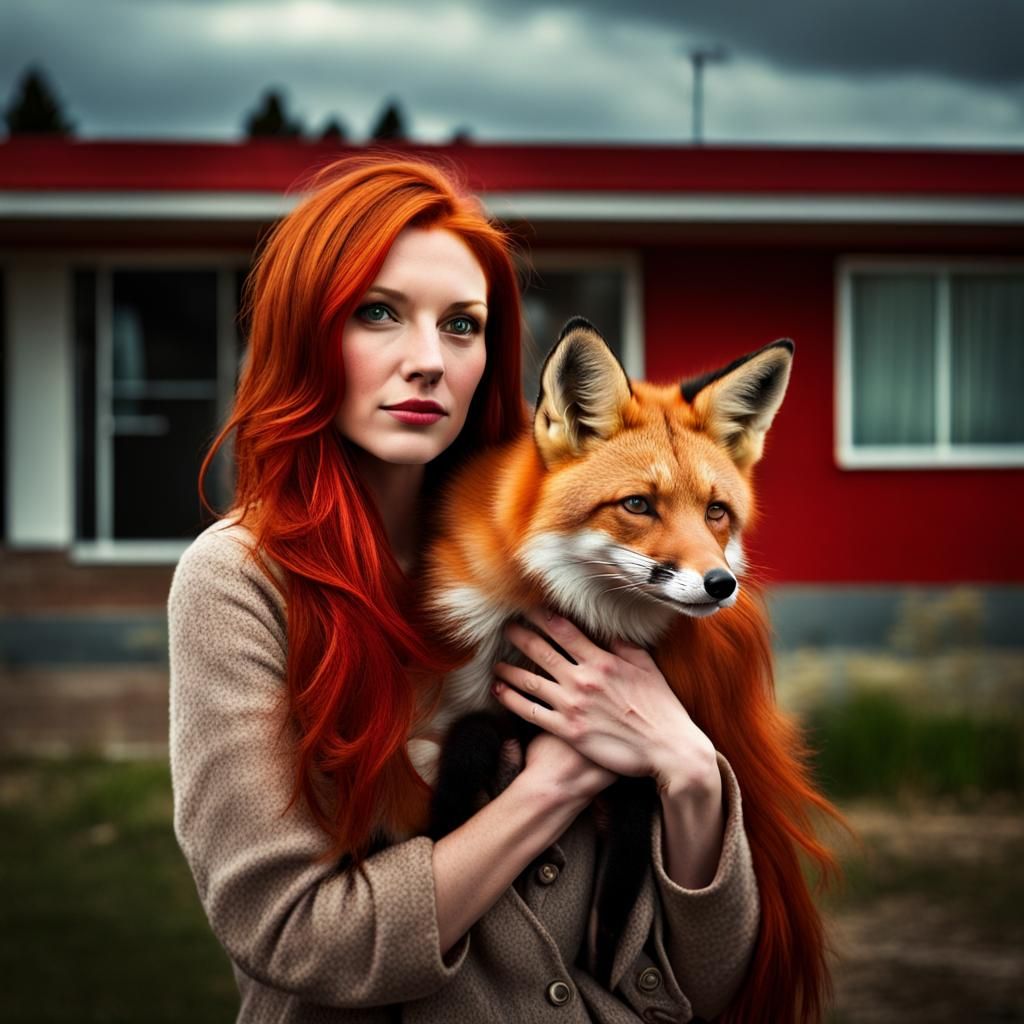 Red-Haired Woman with Fox: Hyperrealistic Photography
