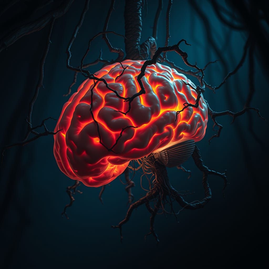 Surreal Biomechanical Brain in Dark, Gnarled Roots