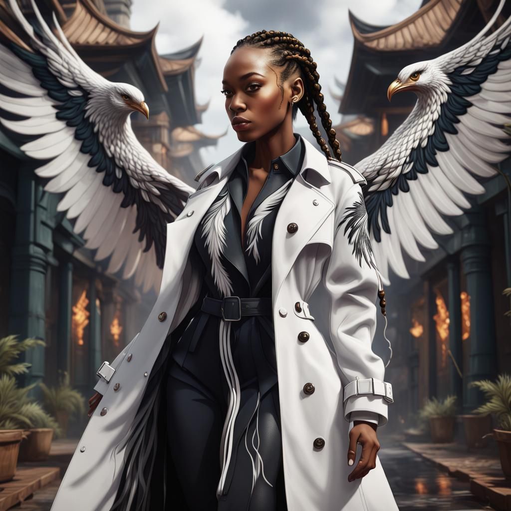 Black Woman in Phoenix Trench Coat: Fantasy Art
