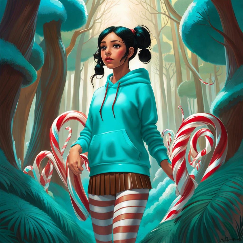 Woman in Candy Cane Forest: Hyperrealistic Portrait