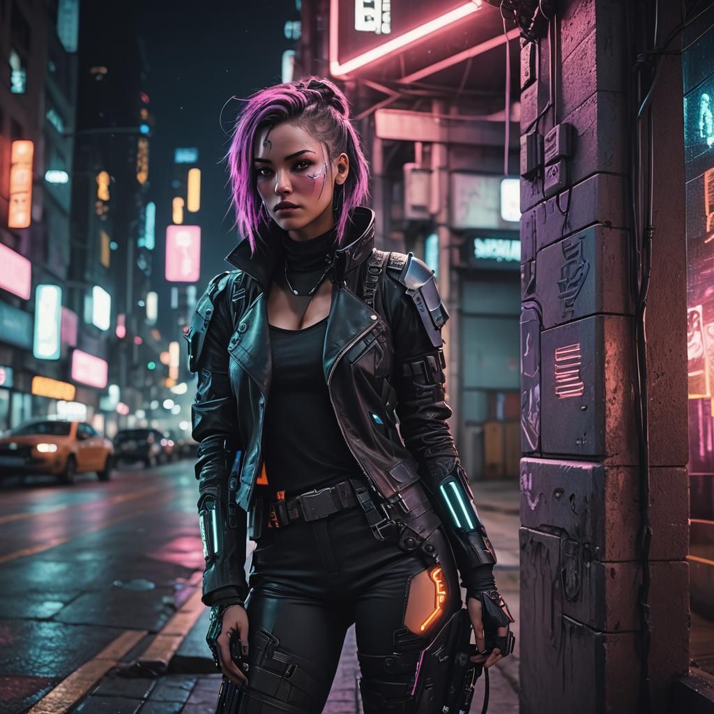 Cyberpunk Woman in Neon City at Night