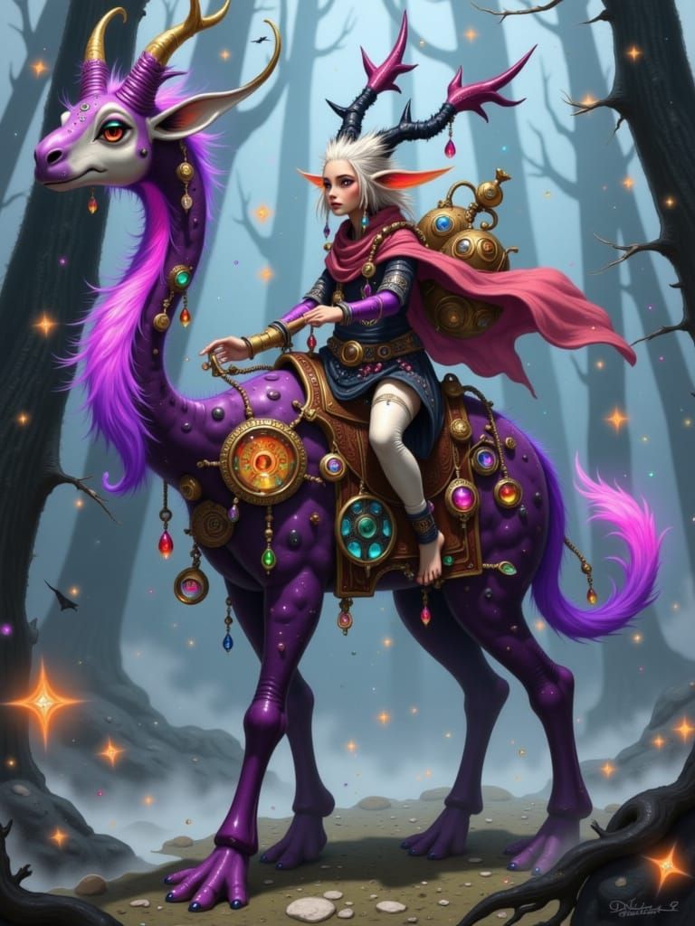 Fantasy Fox Merchant on Two-Headed Giraffe