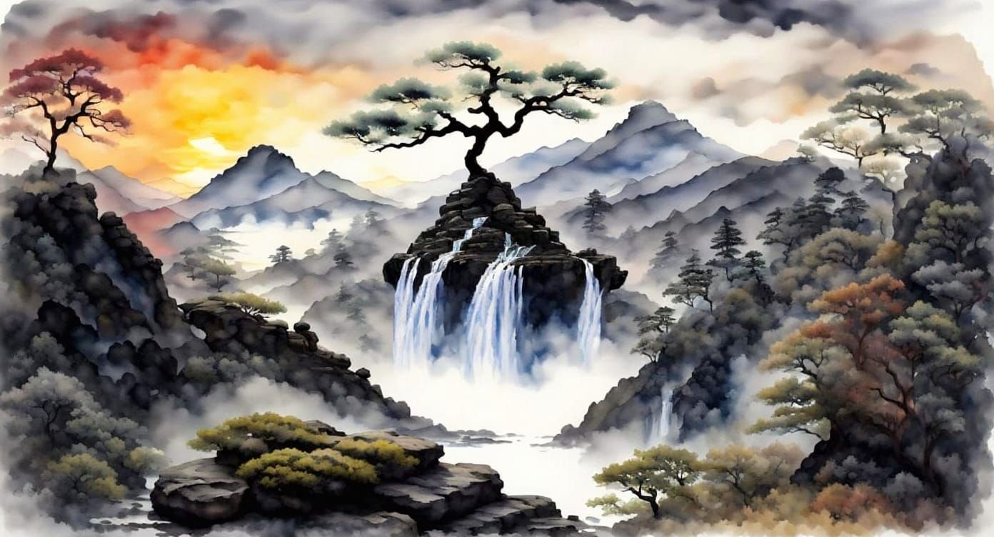 Watercolor Tori Gate in Serene Landscape